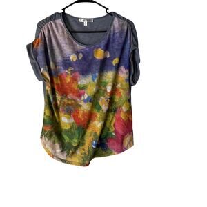 NorthStyle‎ Shirt Womens Medium Blue Multicolor Floral Brushstroke Art Top USA